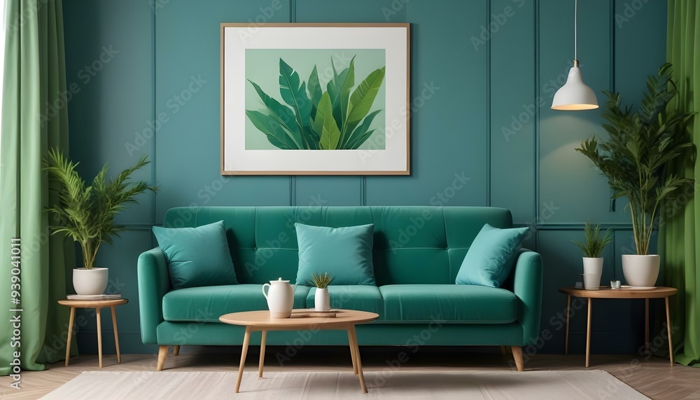 Interior mockup In a white room a blue sofa is placed next to a photo frame on the wall Interior mockup In a white room a blue sofa is placed next to a photo frame on the wall