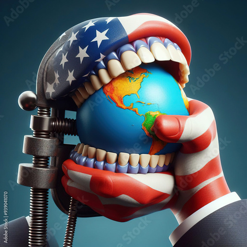 Industrial vice with the inscription US squeezes the globe. Concept of hegemony and domination