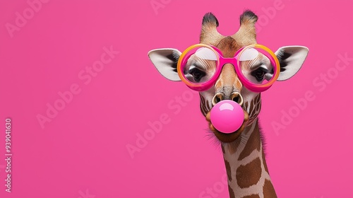 A giraffe wearing pink glasses and a pink bubblegum in its mouth. The giraffe is looking at the camera with a playful and fun expression