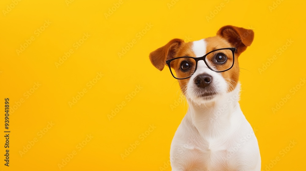A dog wearing glasses is standing in front of a yellow background. The dog's eyes are wide open, and it is looking directly at the camera. Concept of curiosity and playfulness A dog wearing glasses is standing in front of a yellow background. The dog's eyes are wide open, and it is looking directly at the camera. Concept of curiosity and playfulness