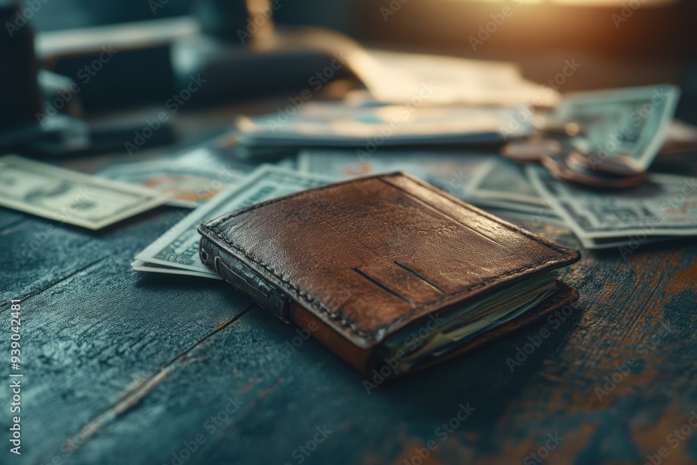 A brown leather wallet rests on a wooden table, amidst an array of various currency notes, suggesting themes of personal finance, budgeting, and financial planning. A brown leather wallet rests on a wooden table, amidst an array of various currency notes, suggesting themes of personal finance, budgeting, and financial planning.