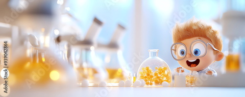 A cheerful boy in a lab coat excitedly experiments in a colorful laboratory filled with flasks and liquids.