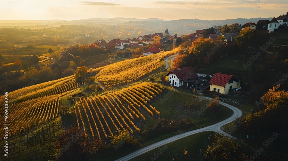Naklejka premium High-angle view of a picturesque vineyard in autumn.