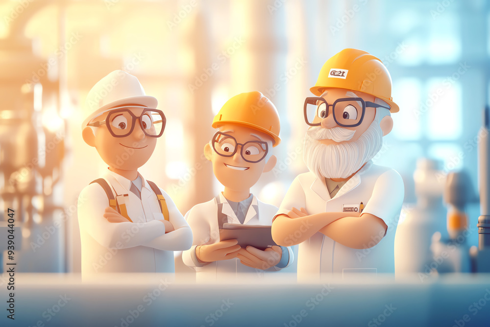 Three cartoon engineers collaborating in a bright industrial setting, showcasing teamwork and innovation in technology. Three cartoon engineers collaborating in a bright industrial setting, showcasing teamwork and innovation in technology.