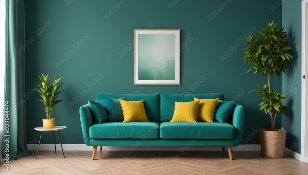 Interior mockup In a white room a blue sofa is placed next to a photo frame on the wall Interior mockup In a white room a blue sofa is placed next to a photo frame on the wall