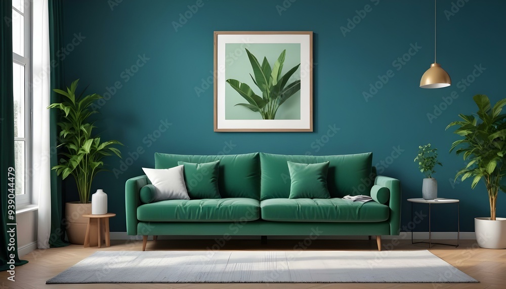 Interior mockup In a white room a blue sofa is placed next to a photo frame on the wall Interior mockup In a white room a blue sofa is placed next to a photo frame on the wall