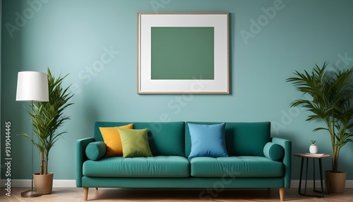 Interior mockup In a white room a blue sofa is placed next to a photo frame on the wall