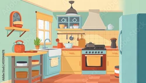 there is a kitchen with a stove, sink, refrigerator and shelves.