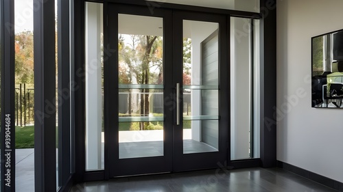 A contemporary front door with tall, narrow windows on either side, featuring a massive grey door with a vertical strip of glass in the middle. The door is rendered in a sleek, modern style, with clea