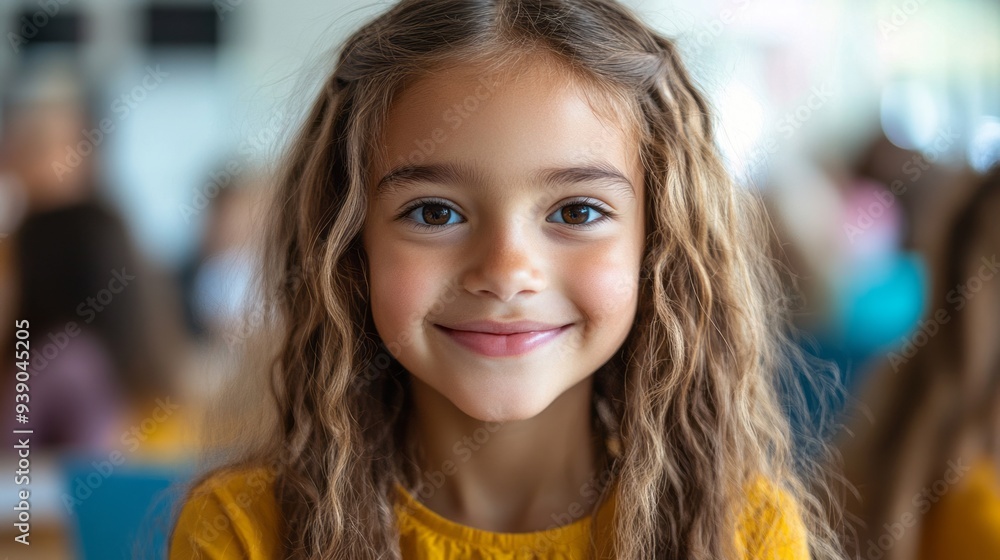 Portrait of a cute, happy girl with blonde hair in a classroom with other children, Portrait of a cute, happy girl with blonde hair in a classroom with other children,