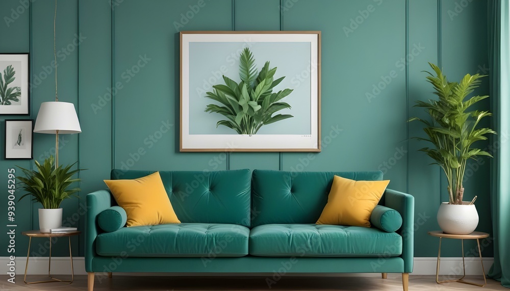 Interior mockup In a white room a blue sofa is placed next to a photo frame on the wall Interior mockup In a white room a blue sofa is placed next to a photo frame on the wall