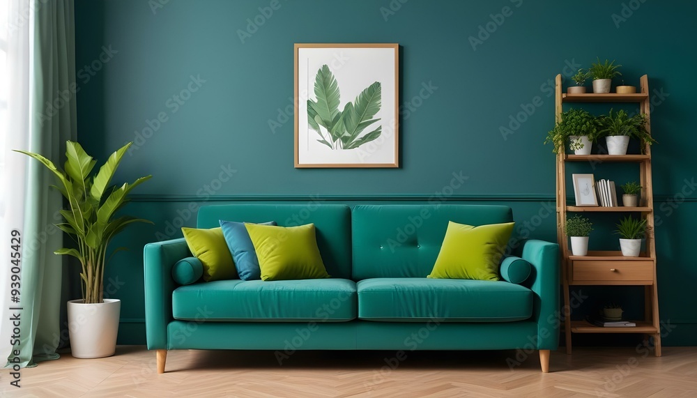 Interior mockup In a white room a blue sofa is placed next to a photo frame on the wall Interior mockup In a white room a blue sofa is placed next to a photo frame on the wall
