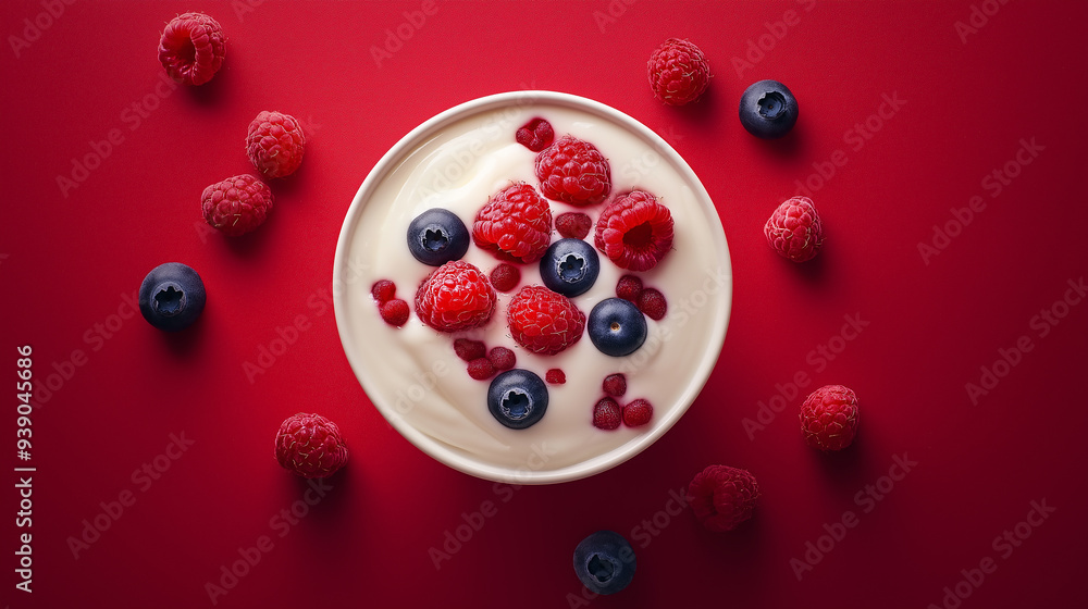 A bowl of yogurt with blueberries and raspberries on a red background A bowl of yogurt with blueberries and raspberries on a red background