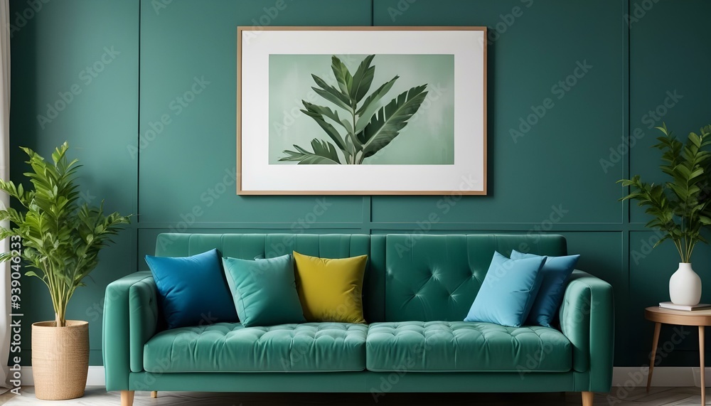 Interior mockup In a white room a blue sofa is placed next to a photo frame on the wall Interior mockup In a white room a blue sofa is placed next to a photo frame on the wall