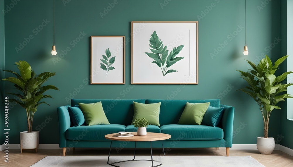 Interior mockup In a white room a blue sofa is placed next to a photo frame on the wall Interior mockup In a white room a blue sofa is placed next to a photo frame on the wall