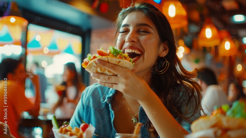 Happy woman eating tacos during lunch with friends in Mexican restaurant., AI Generative Happy woman eating tacos during lunch with friends in Mexican restaurant., AI Generative