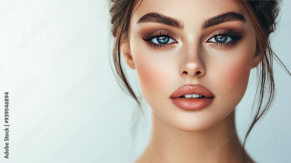 A close-up portrait of a woman with glamour makeup, her eyes highlighted and lips bold, posing with confidence in a sleek, A close-up portrait of a woman with glamour makeup, her eyes highlighted and lips bold, posing with confidence in a sleek,