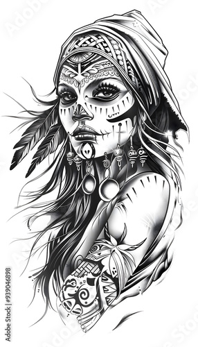 Tribal Chicano girls Tattoo black and white illustration