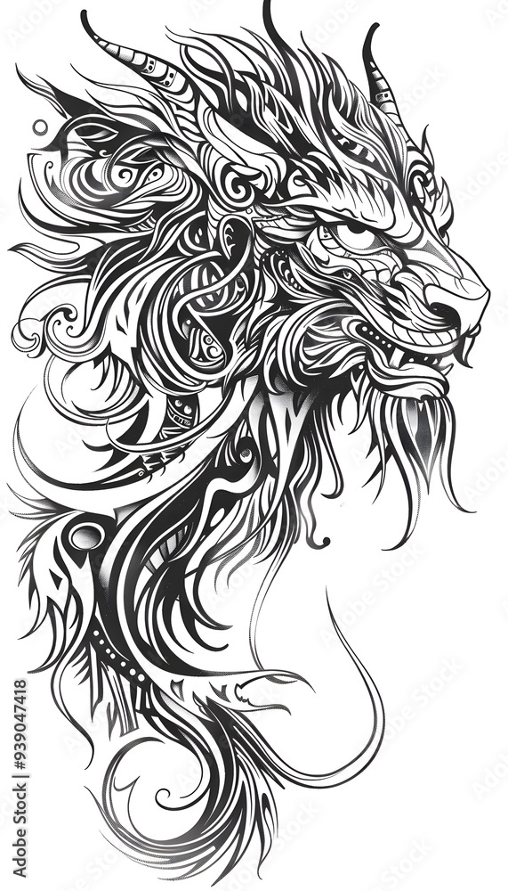 Fototapeta premium Tribal Chimera Tattoo black and white illustration