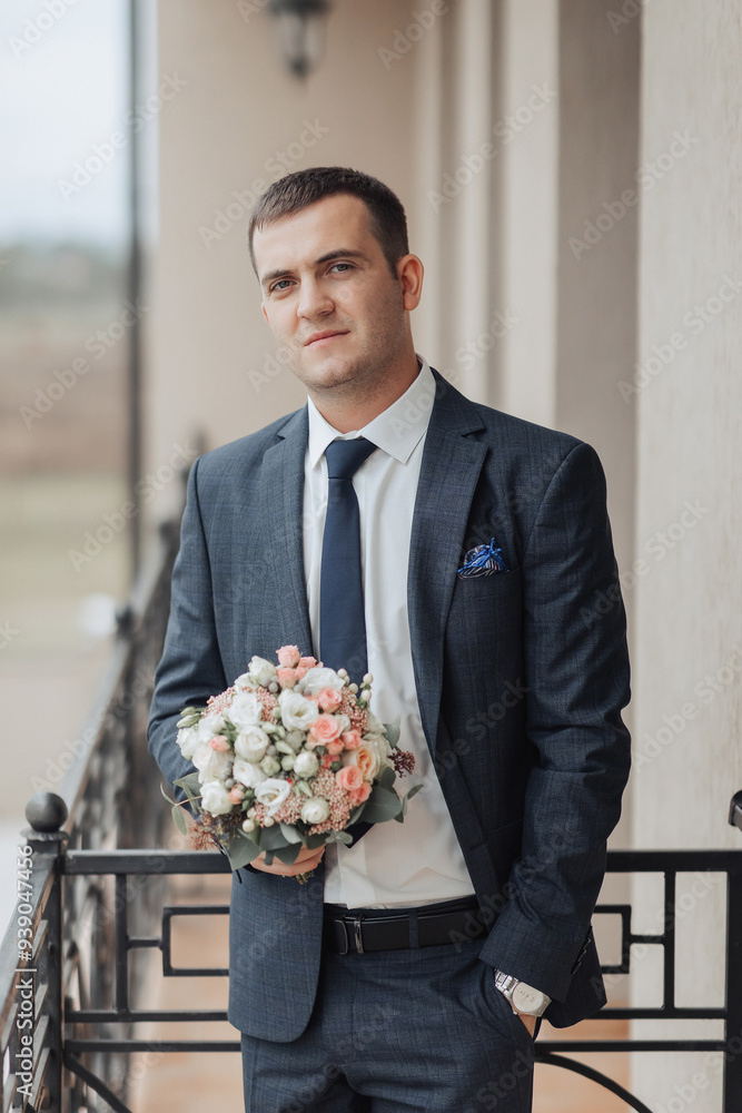 A man in a suit holding a bouquet of flowers. He is smiling and looking at the camera A man in a suit holding a bouquet of flowers. He is smiling and looking at the camera