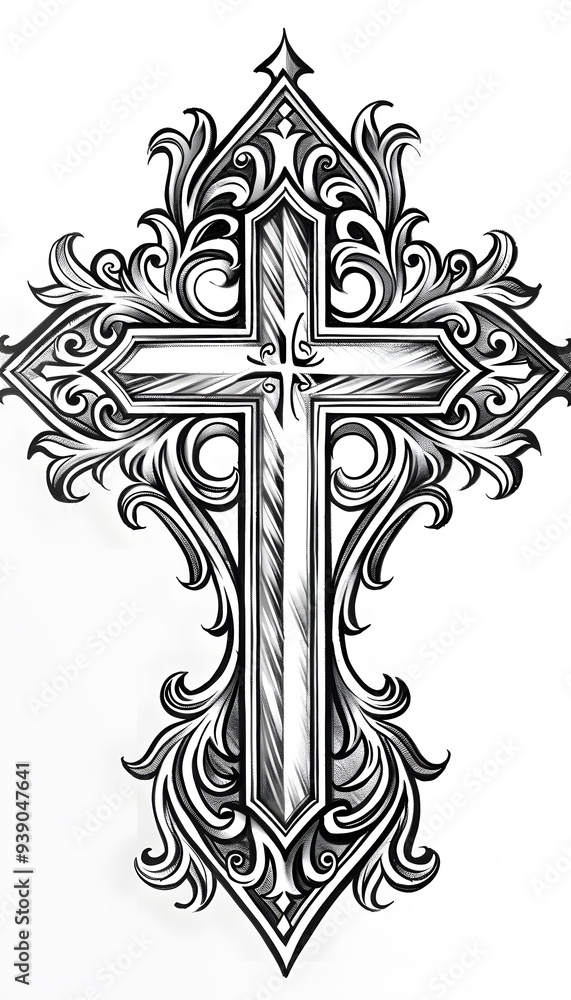 Tribal Christian Cross Tattoo black and white illustration Tribal Christian Cross Tattoo black and white illustration