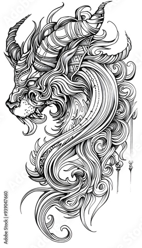 Tribal Chimera Tattoo black and white illustration