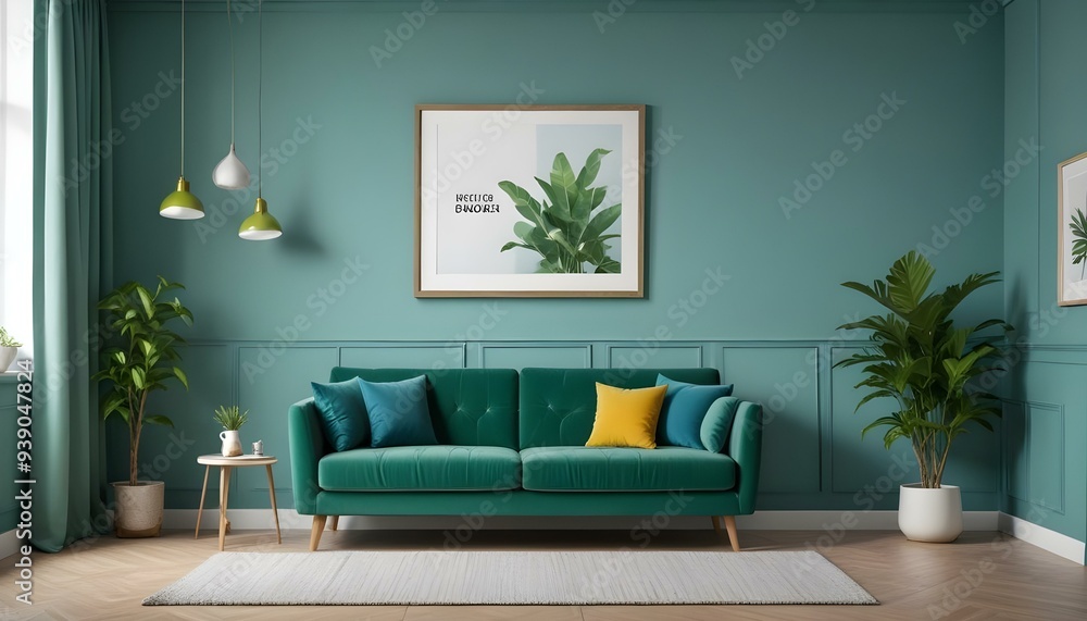 Interior mockup In a white room a blue sofa is placed next to a photo frame on the wall Interior mockup In a white room a blue sofa is placed next to a photo frame on the wall