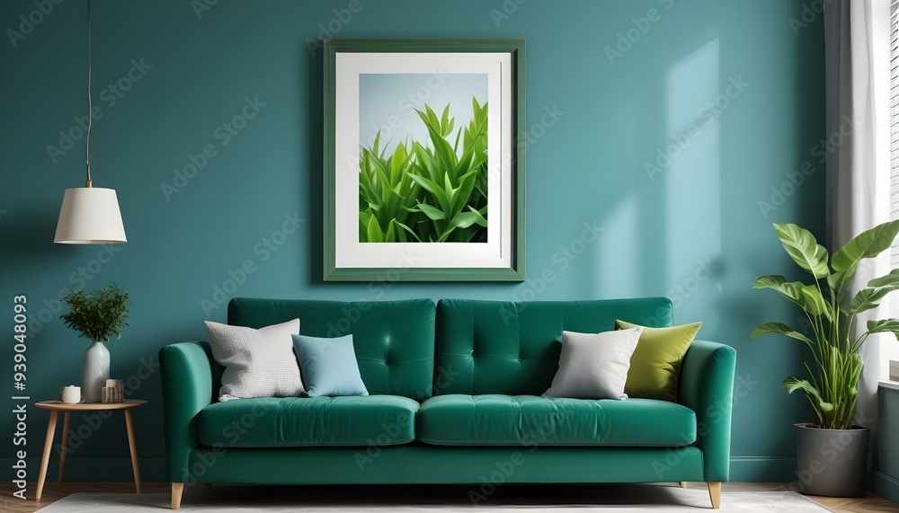 Interior mockup In a white room a blue sofa is placed next to a photo frame on the wall Interior mockup In a white room a blue sofa is placed next to a photo frame on the wall