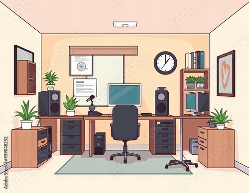 there is a computer desk with a monitor and speakers in a room. photo