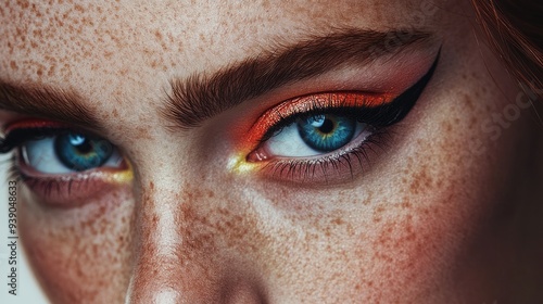 A fashion-forward close-up of a girl with striking eye makeup, her eyes vibrant and her gaze intense, exuding confidence and style