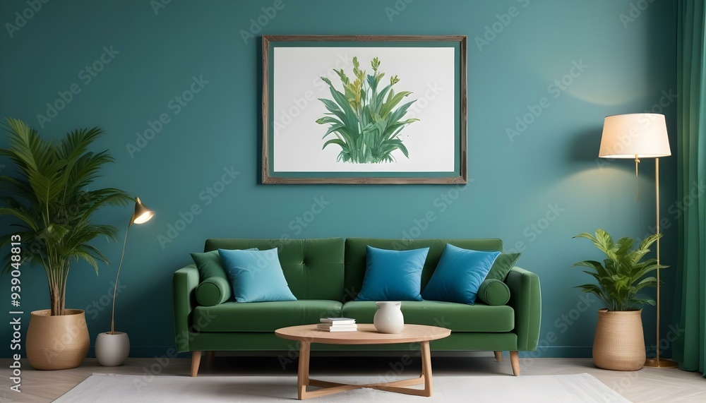 Interior mockup In a white room a blue sofa is placed next to a photo frame on the wall Interior mockup In a white room a blue sofa is placed next to a photo frame on the wall
