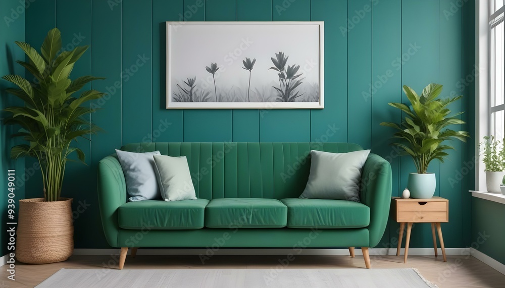Interior mockup In a white room a blue sofa is placed next to a photo frame on the wall Interior mockup In a white room a blue sofa is placed next to a photo frame on the wall
