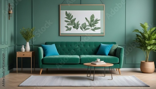 Interior mockup In a white room a blue sofa is placed next to a photo frame on the wall