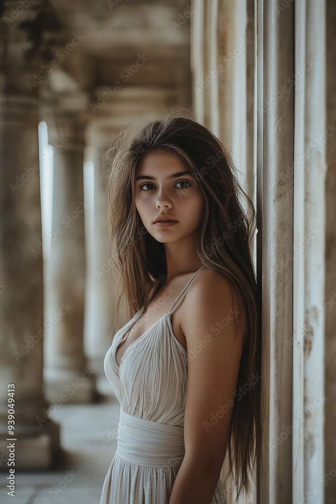 Fototapeta premium A young woman in a flowing white dress stands gracefully among ancient stone pillars, exuding timeless beauty and mystery. The image evokes a sense of history and classical elegance.