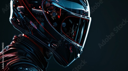 Helmet man, helmet close-up, motorcycle riding, technology, speed, dazzle, dark tone, helmet close-up, technology helmet, side view, technology, AI Generative