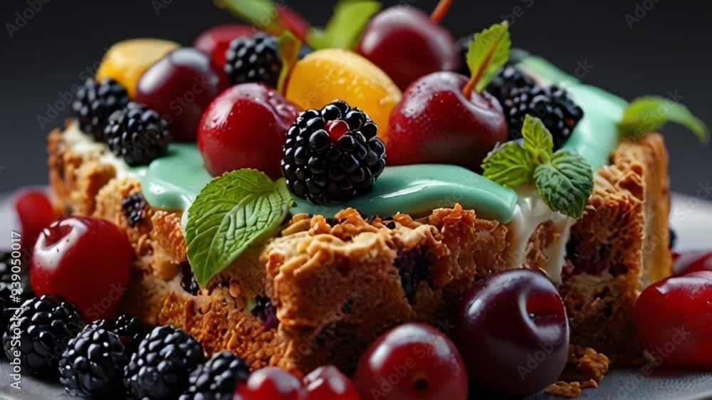 Close-up of a colorful fruit cake topped with cherries, blackberries, and mint leaves, ideal for dessert and pastry concepts. Close-up of a colorful fruit cake topped with cherries, blackberries, and mint leaves, ideal for dessert and pastry concepts.