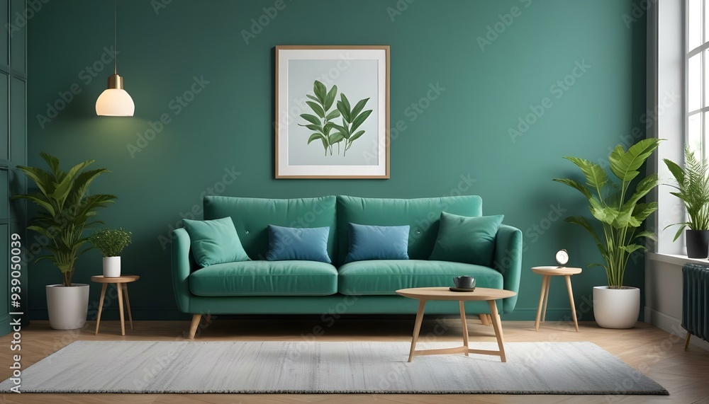 Interior mockup In a white room a blue sofa is placed next to a photo frame on the wall Interior mockup In a white room a blue sofa is placed next to a photo frame on the wall