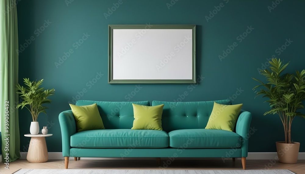 Interior mockup In a white room a blue sofa is placed next to a photo frame on the wall Interior mockup In a white room a blue sofa is placed next to a photo frame on the wall