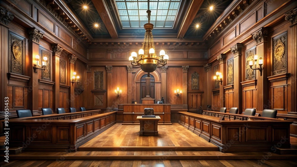 Fototapeta premium justice hall architecture grandeur moodiness atmospheric illumination dramatic shadows ornate wood paneling solemn judges' bench witnessing intense emotional courtroom drama