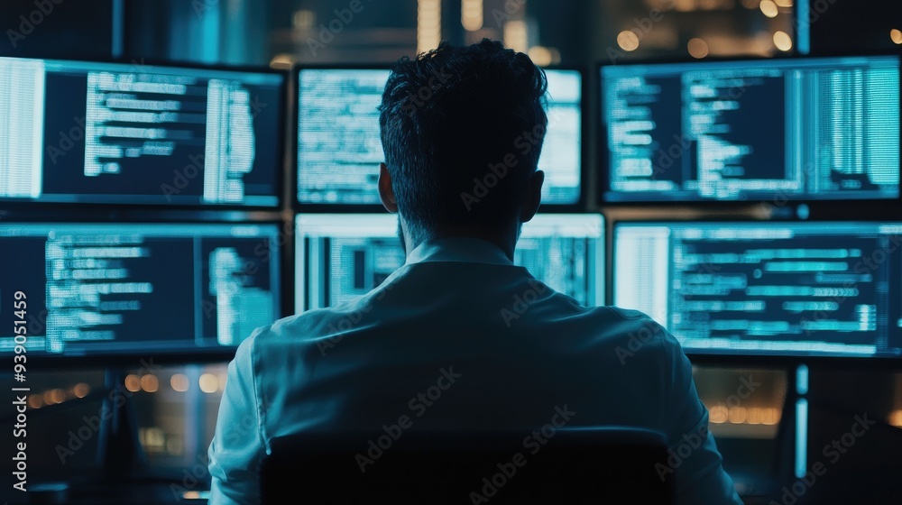 Close-up of a programmer in front of multiple screens, solving complex problems. Close-up of a programmer in front of multiple screens, solving complex problems.