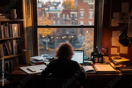 A person sitting at a cluttered desk, working on a laptop with notes, in a warmly lit room, with a large window overlooking a city street and autumn trees outside.