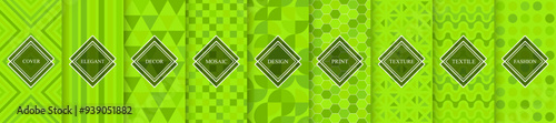 Collection of seamless vibrant geometric patterns. Green mosaic tile endless textures. Abstract unusual bright backgrounds. Minimalistic modern prints
