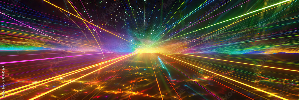 Naklejka premium Luminous Dance of Particles: A slow-motion image of a laser light show, revealing the delicate movements of colored beams.