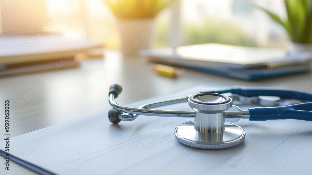 Close-up of a stethoscope on a doctor's desk, symbolizing healthcare tools. Close-up of a stethoscope on a doctor's desk, symbolizing healthcare tools.