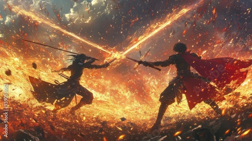 An action-packed anime battle scene with characters clashing swords in a dynamic pose, energy bursts surrounding them, and a fiery background. photo