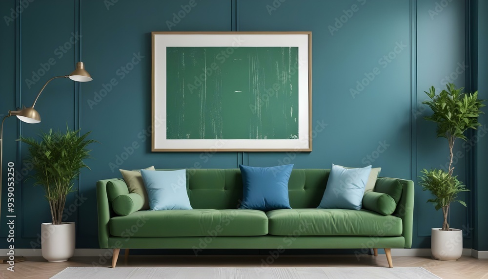 Interior mockup In a white room a blue sofa is placed next to a photo frame on the wall Interior mockup In a white room a blue sofa is placed next to a photo frame on the wall