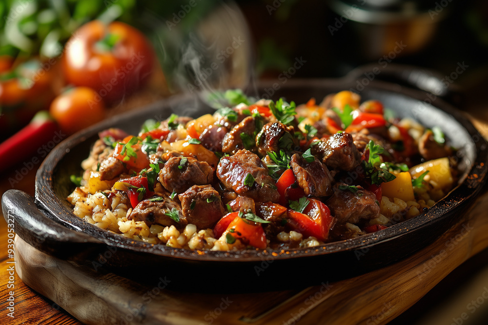 delicious meat and grilled vegetable dinner meal, well spiced close focus delicious meat and grilled vegetable dinner meal, well spiced close focus