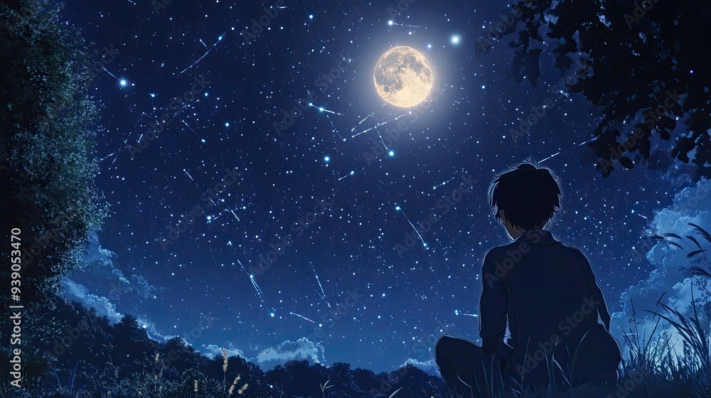 An anime scene of a character gazing up at a starry night sky, with a full moon shining brightly and constellations clearly visible. An anime scene of a character gazing up at a starry night sky, with a full moon shining brightly and constellations clearly visible.