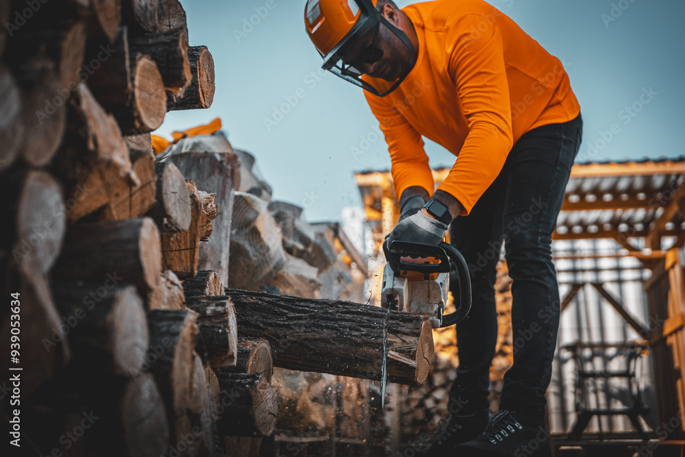 Cordless Chainsaw. Woodcutter sawing chain saw in motion, sawdust fly to sides. Chainsaw in motion. Sawdust fly around. Cordless Chainsaw. Woodcutter sawing chain saw in motion, sawdust fly to sides. Chainsaw in motion. Sawdust fly around.