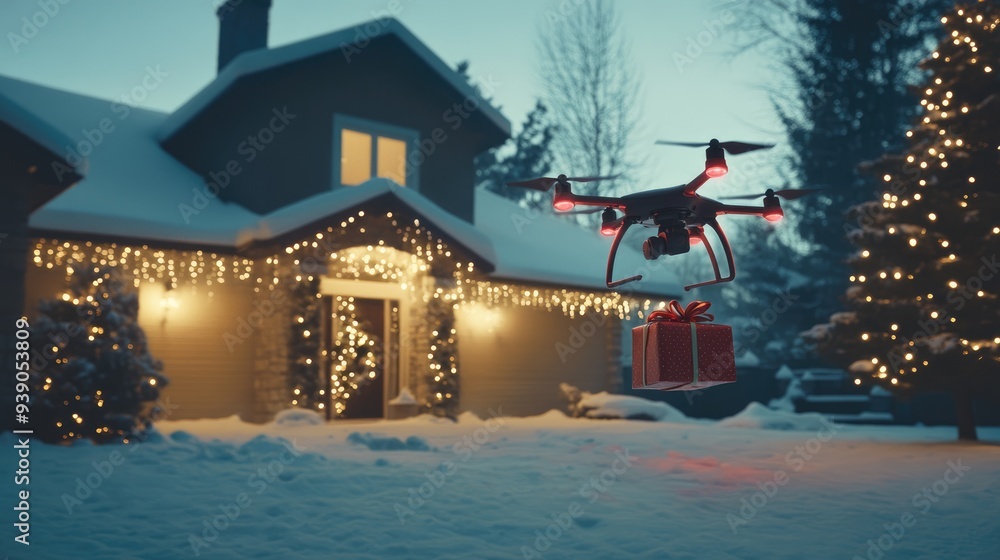 Fototapeta premium Drone Delivery of Christmas Gift to a Snowy House
